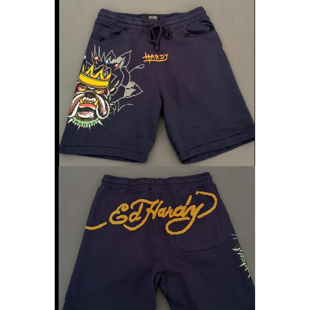 Ed Hardy Sweat Shorts Men's Small Navy Blue Bulldog Fleece Y2K Style Drawstring